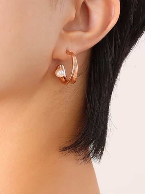 F187 Rose Pearl Earrings Titanium Steel Imitation Pearl Geometric Minimalist Stud Earring