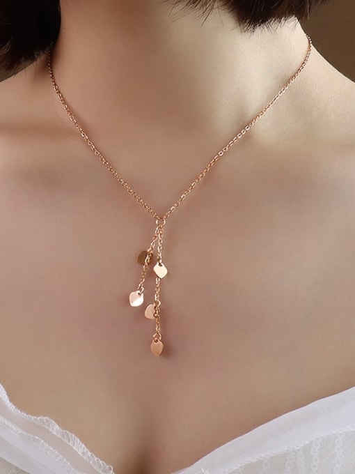 P014 rose gold 40+5cm Titanium 316L Stainless Steel heart Vintage Tassel Necklace with e-coated waterproof