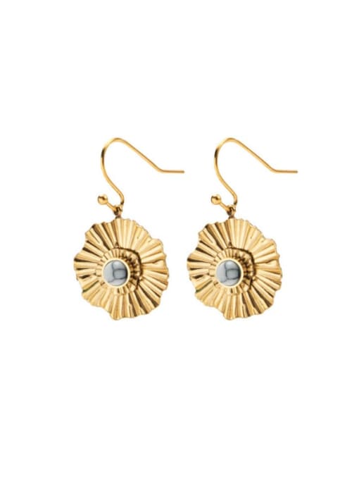 White Inlaid Turquoise double-layer pleated sunflower titanium steel earrings