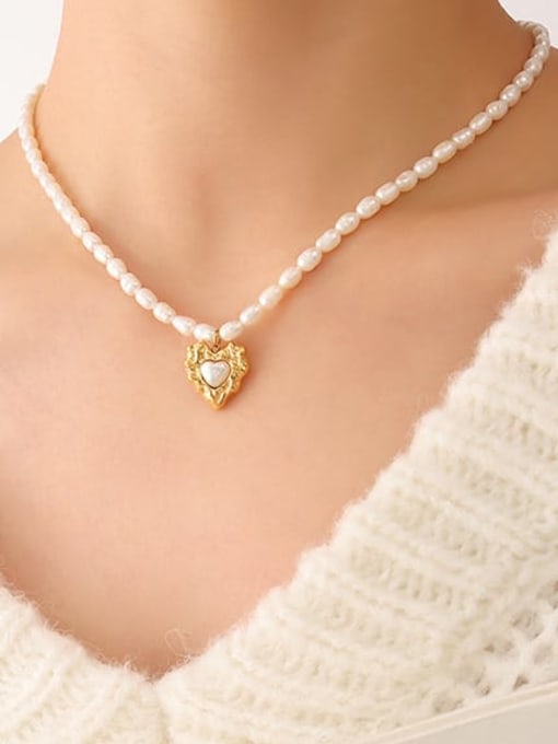 MAKA Titanium Steel Freshwater Pearl Heart Vintage Necklace 1