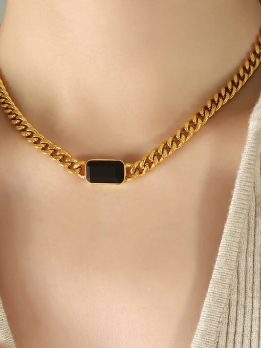 P1337 Gold+black  necklace 40+ 5cm Titanium Steel Glass Stone  Hip Hop Geometric  Chain Bracelet and Necklace Set