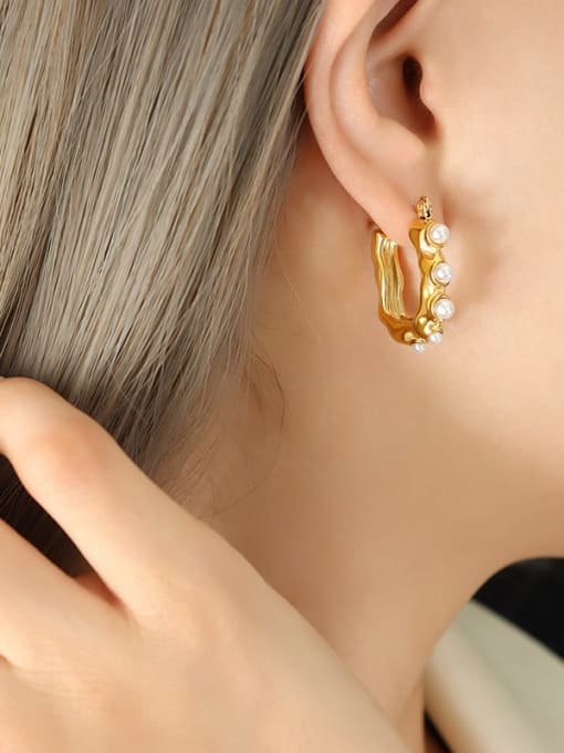 F709 Gold Earrings Titanium Steel Imitation Pearl Geometric Trend Earring