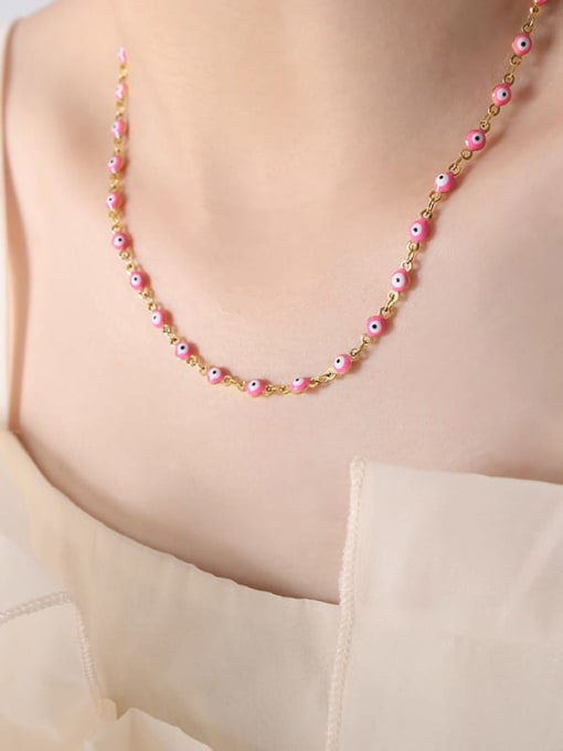 Pink Drop Oil Gold Necklace Titanium Steel Enamel Minimalist Evil Eye Bracelet and Necklace Set