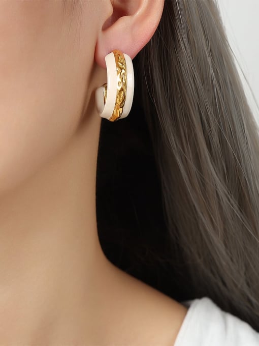 F126 White Color Glazed Earrings Titanium Steel Enamel Geometric Trend Hoop Earring