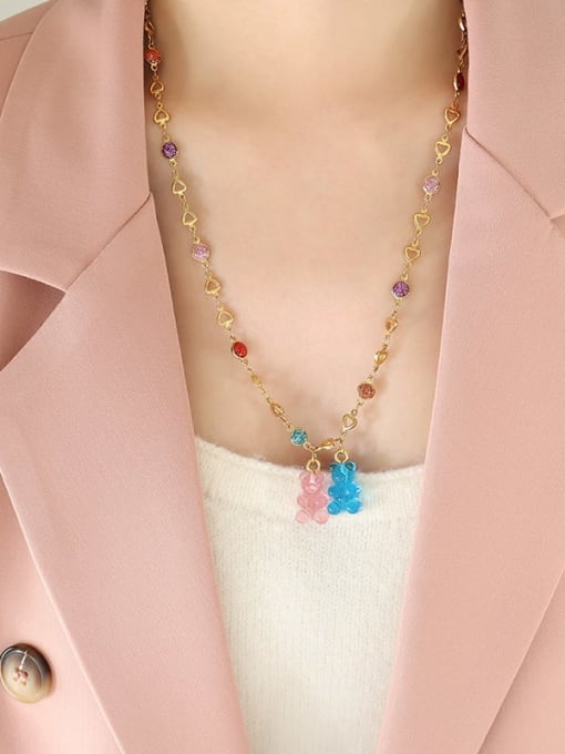P1285 Transparent Blue Pink   (Long) Titanium Steel Resin Multi Color Enamel Bear Cute Necklace