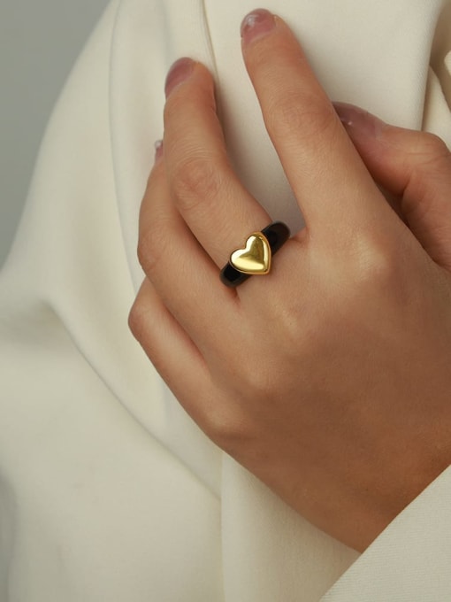A735 Gold Black Glazed Ring Brass Enamel Heart Trend Band Ring
