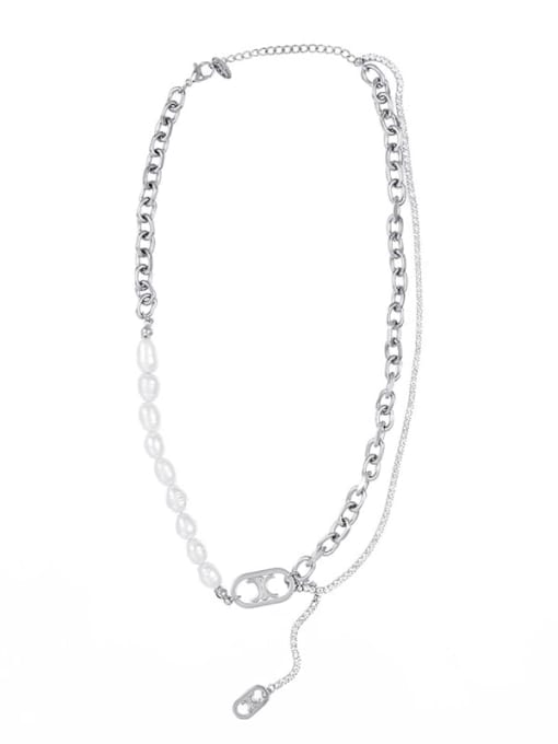 SN21052609S Titanium Steel Freshwater Pearl Geometric Vintage Necklace