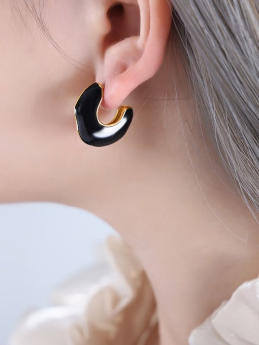 F915 Black Drop Oil Gold Earrings Titanium Steel Enamel Geometric Minimalist Stud Earring