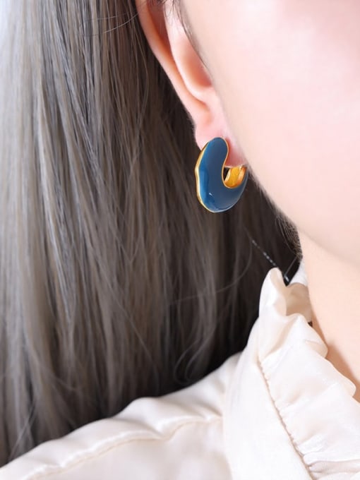 F915 Blue Drop Oil Gold Earrings Titanium Steel Enamel Geometric Minimalist Stud Earring