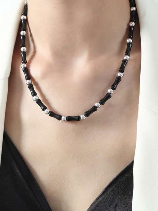 P1762 Black Agate Necklace 40+ 5cm Titanium Steel Natural Stone Geometric Trend Beaded Necklace