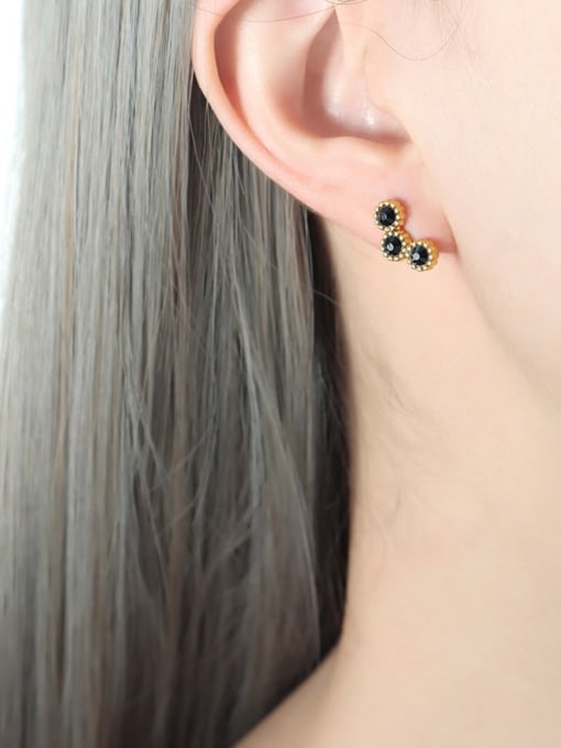 F744 Gold Black Crystal Earrings Titanium Steel Cubic Zirconia Geometric Dainty Stud Earring