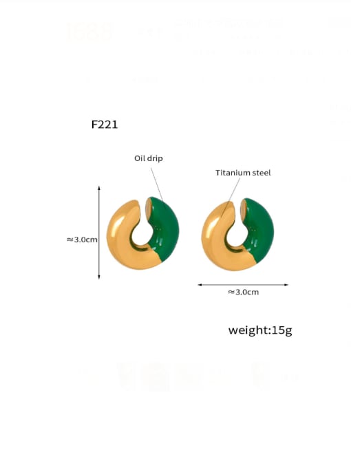 F221 Green Glazed Gold Ear Clip Titanium Steel Enamel Geometric Hip Hop Clip Earring