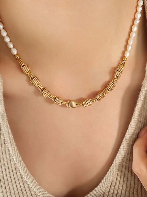 MAKA Brass Freshwater Pearl Geometric Vintage Necklace 1