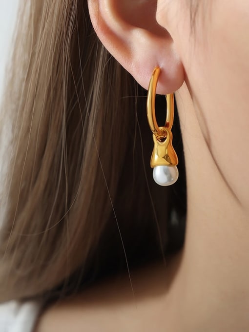 F1183 Gold Beizhu Earrings Titanium Steel Imitation Pearl Geometric Trend Stud Earring