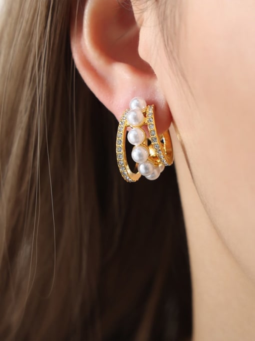 F997 Gold Earrings Titanium Steel Imitation Pearl Geometric Dainty Stud Earring