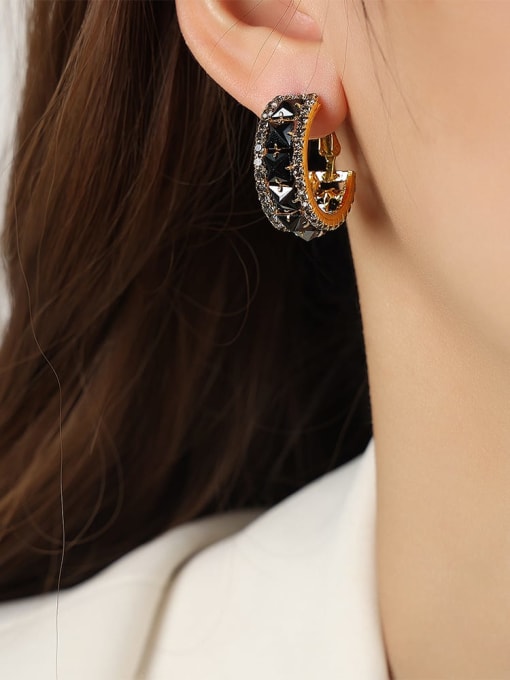 F1101 Black Square Earrings Titanium Steel Cubic Zirconia Geometric Minimalist Huggie Earring