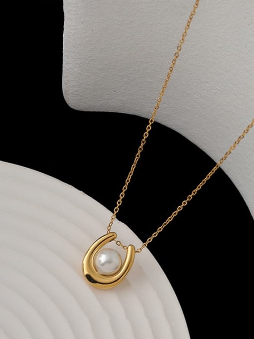 XL174 U-shaped Pearl Necklace Gold Titanium Steel Imitation Pearl Locket Dainty Necklace