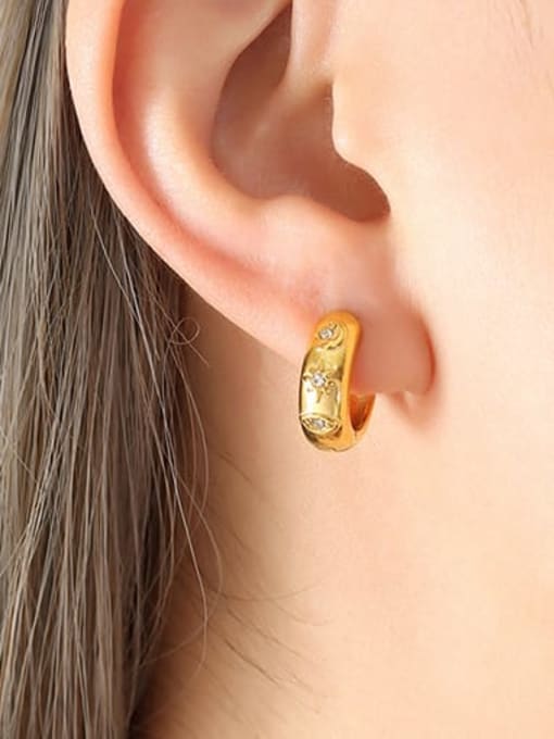 F201 Gold Earrings Titanium Steel Cubic Zirconia Geometric Hip Hop Huggie Earring