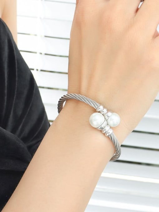 Z007 Steel Bracelet Trend Titanium Steel Imitation Pearl Ring Bracelet and Necklace Set