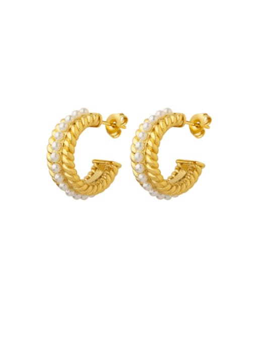 F659 Gold Earrings Titanium Steel Imitation Pearl Geometric Vintage Stud Earring