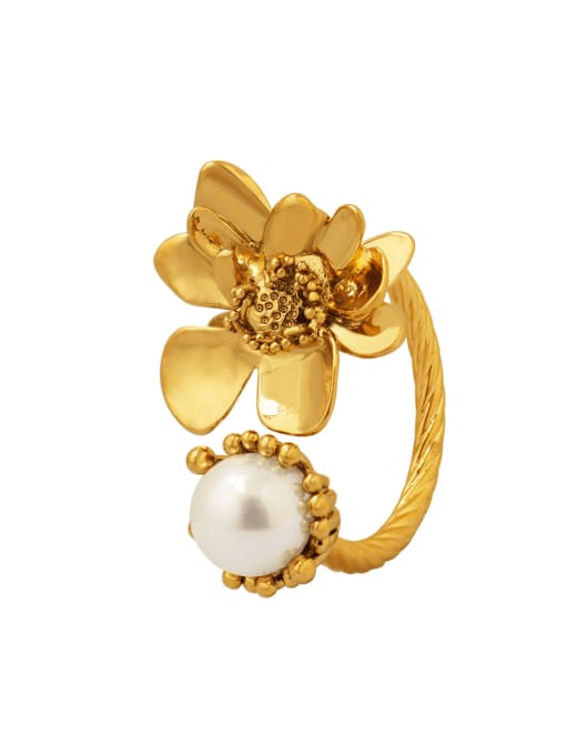MAKA Brass Imitation Pearl Flower Vintage Band Ring 0
