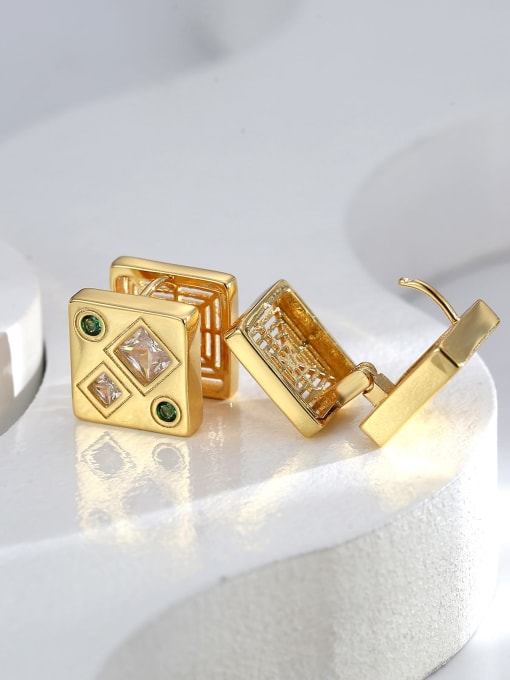 H01536 Gold Brass Cubic Zirconia Square Dainty Stud Earring