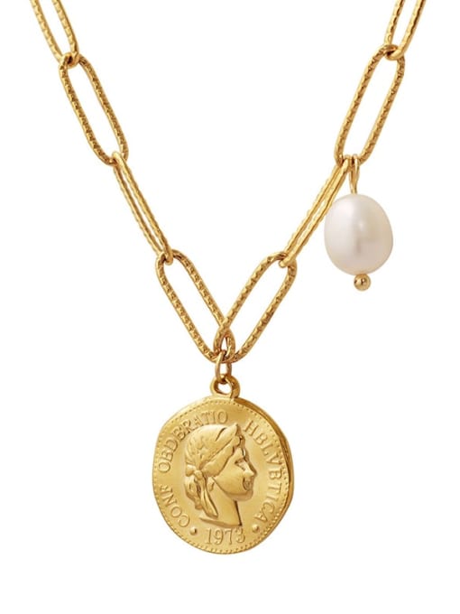 P1398 Gold Necklace 39+ 5cm Titanium Steel Imitation Pearl Geometric Vintage Necklace