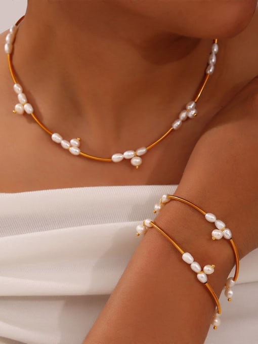 MAKA Stainless steel Imitation Pearl Minimalist Irregular Bracelet and Necklace Set 2