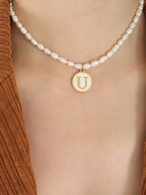 P1315 U Titanium Steel Freshwater Pearl Letter Minimalist Necklace