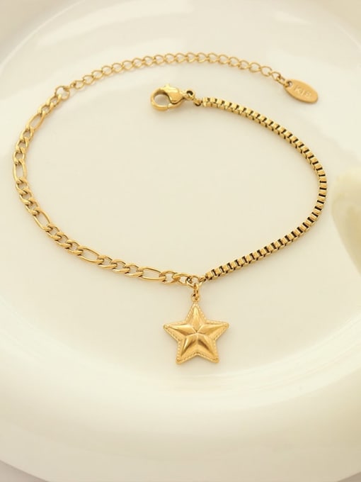 E149 gold  15.5 +5cm Titanium Steel Star Vintage Pentagram Hollow Chain Link Bracelet