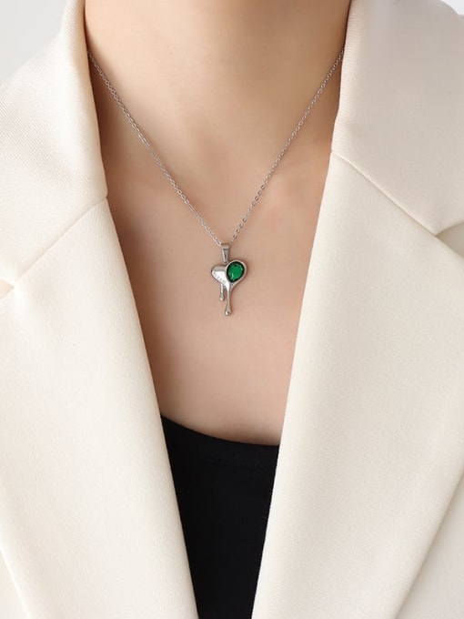 P426 steel Emerald Necklace 40 +5cm Titanium Steel Cubic Zirconia Heart Vintage Necklace