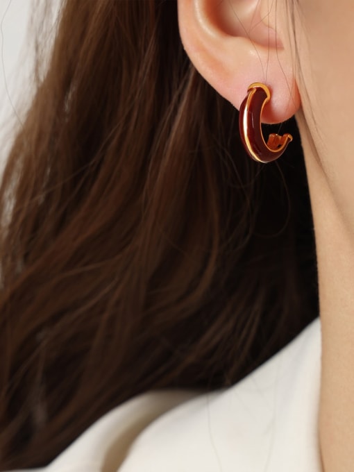 F1113 C-shaped striped red earrings Titanium Steel Enamel Geometric Minimalist Huggie Earring
