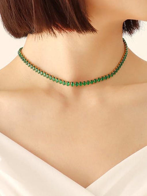 P1163 green zircon necklace 37cm Titanium Steel Cubic Zirconia Vintage Geometric Bracelet and Necklace Set