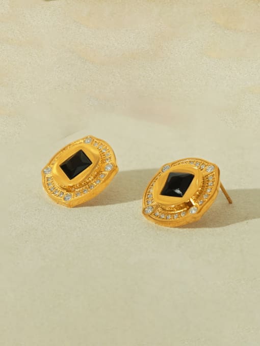 F1389 Gold +Black Zircon Earrings Brass Glass Stone Geometric Vintage Stud Earring