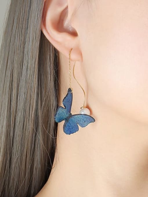 F209 golden blue butterfly ear line Titanium Steel Resin Butterfly Minimalist Threader Earring