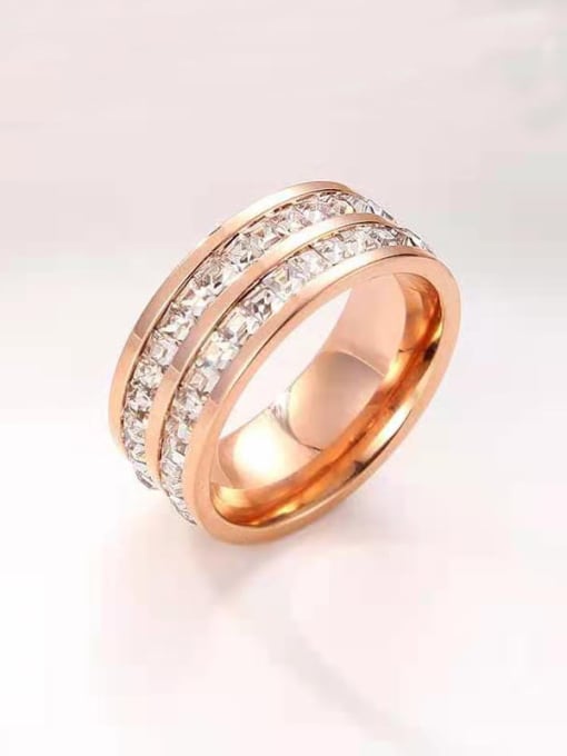 Double row Diamond Rose Gold Titanium Steel Rhinestone Round Minimalist Band Ring
