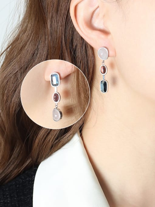 F733 Steel Color Earrings Titanium Steel Glass Stone Geometric Trend Drop Earring