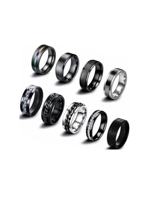 Nine piece black set Stainless Steel Geometric Hip Hop Stackable Men's Ring Set