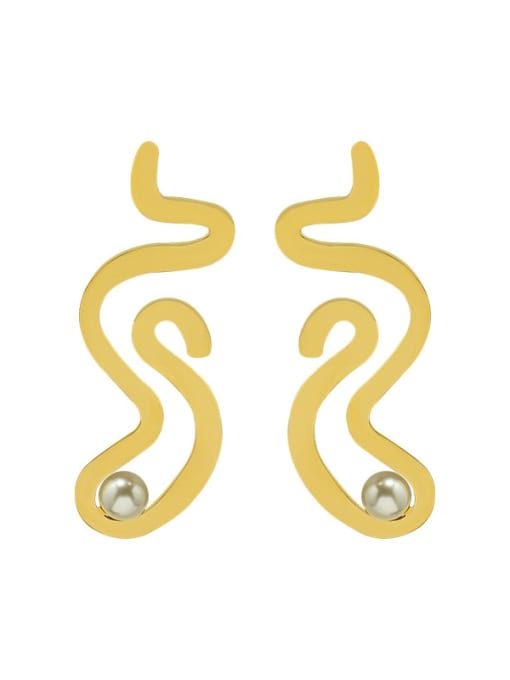 gold S-shaped Titanium 316L Stainless Steel Imitation Pearl Irregular Minimalist Stud Earring with e-coated waterproof