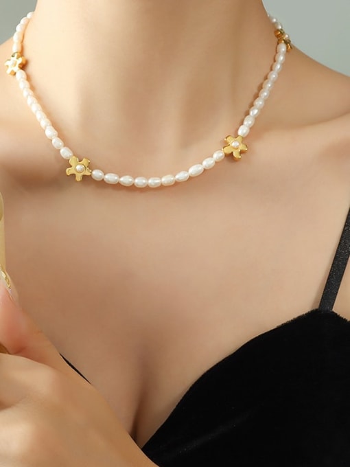 MAKA Titanium Steel Freshwater Pearl Minimalist Flower  Bracelet and Necklace Set 1