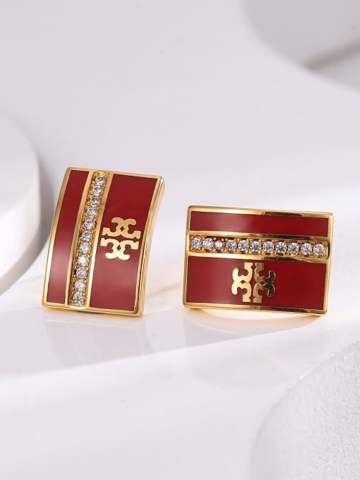 H01416 red Brass Cubic Zirconia Enamel Geometric Vintage Stud Earring