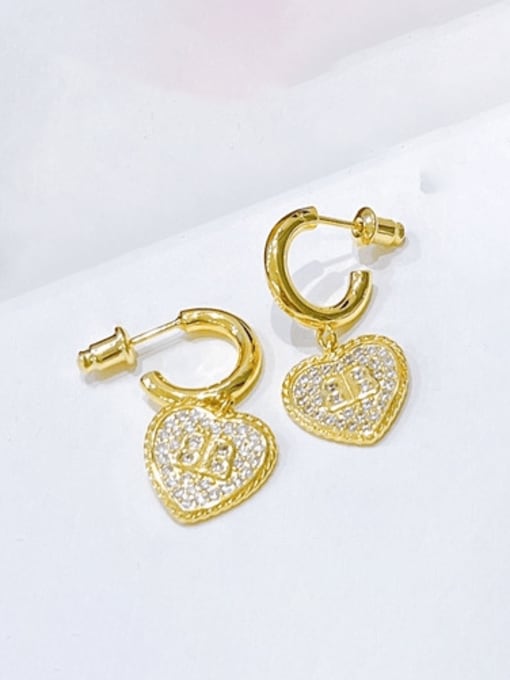 H00690 gold Brass Cubic Zirconia Heart Vintage Huggie Earring