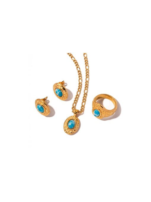 J&D Trend Geometric Stainless steel Turquoise Earring Ring and Necklace Set 0