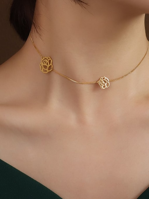 gold Titanium 316L Stainless Steel Hollow Flower Minimalist Necklace with e-coated waterproof