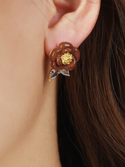 F208 Brown Rose Earrings Brass Enamel Flower Minimalist Stud Earring