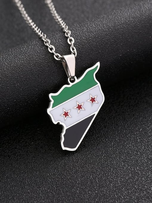 Steel color Stainless steel Enamel Medallion Ethnic Syria Map Pendant Necklace