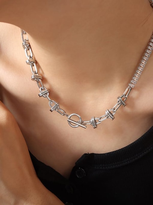 P1209 Steel Necklace (42cm) Titanium Steel Freshwater Pearl Geometric Trend Necklace