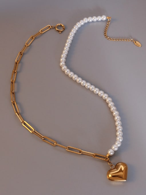 gold Titanium 316L Stainless Steel Imitation Pearl Heart Vintage Necklace with e-coated waterproof