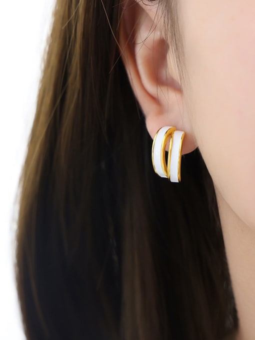 F958 Gold White Drop Oil Earrings Titanium Steel Enamel Geometric Minimalist Stud Earring