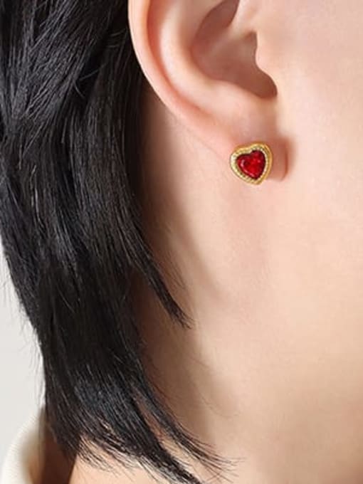 F073 red zircon Gold Earrings Titanium Steel Glass Stone Vintage Heart Earring and Necklace Set